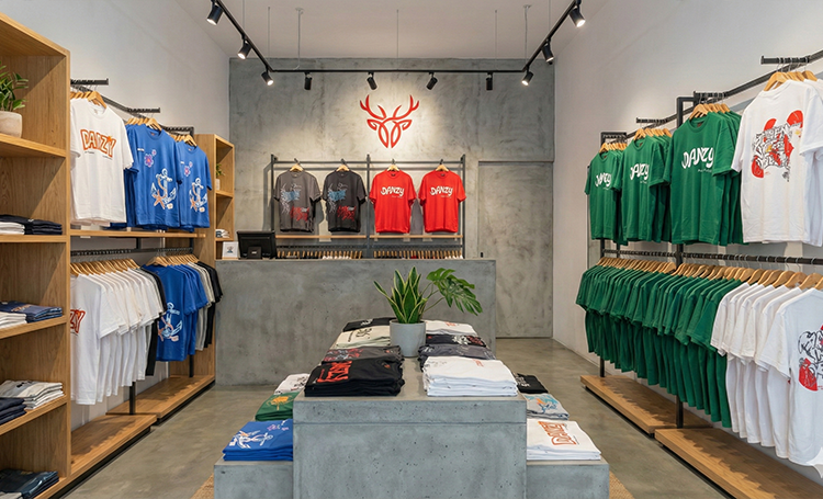 T-shirt store interior with various t-shirts on display