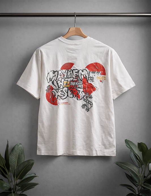 White t-shirt with graphic design on a hanger against a gray background