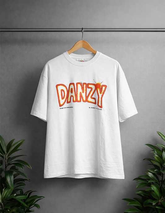 White t-shirt with 'DANZY' print on a hanger against a gray background