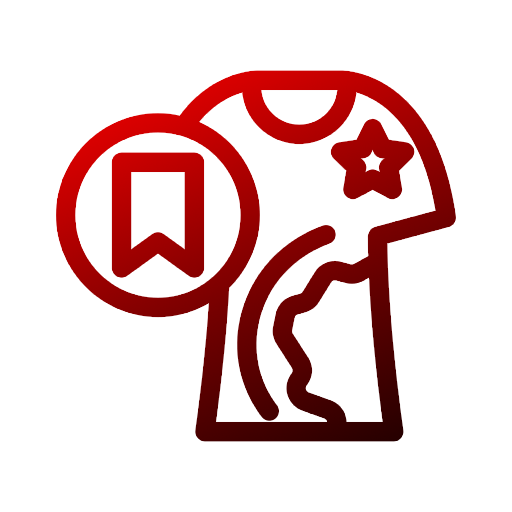 Red icon of a person with a star and a bookmark on a white background